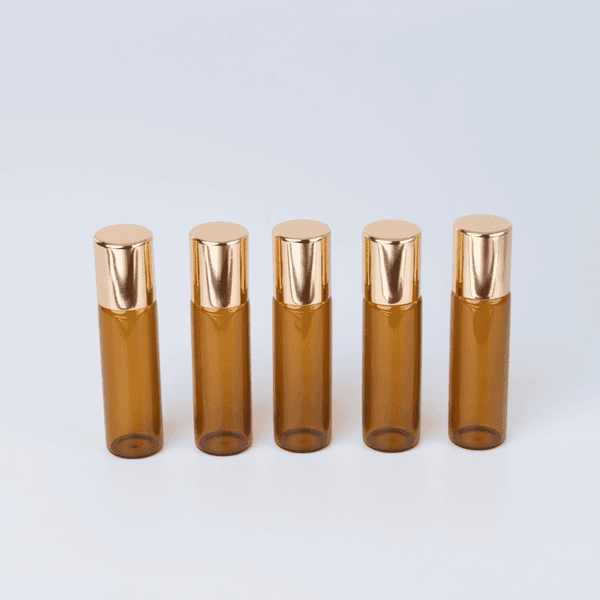 Frasco de Vidro Âmbar Roll-on Fino 05ml Dourado Kit com 5
