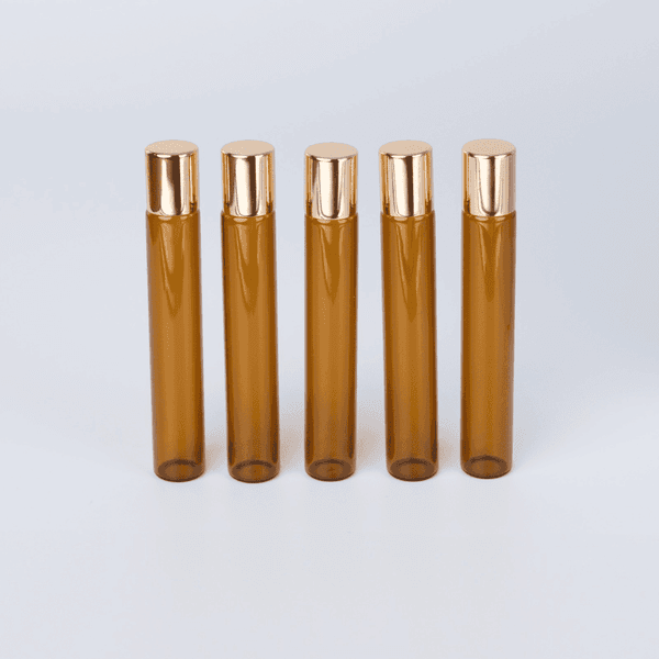 Frasco de Vidro Âmbar Roll-on Fino 10ml Dourado Kit com 5