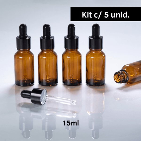 Frasco De Vidro Âmbar Conta-Gotas 15ml Kit c/5 - Preto