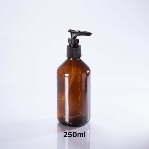 Frasco De Vidro Âmbar 250ml + Válvula Pump R24 - Preta