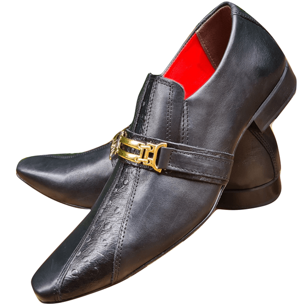 Sapato Masculino Italiano Em Couro Social Executivo - Preto - Black Button Ref: 1025