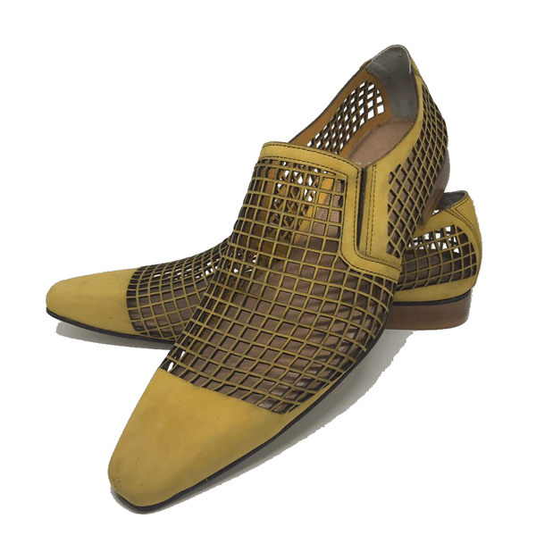 Sapato Masculino Italiano Em Couro Sport Laser Vazado Amarelo Nobuk 