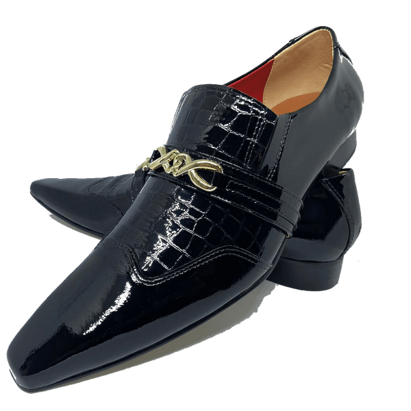 Sapato Masculino Italiano Em Couro Preto e Croko Envernzado Ref: D405 Outlet
