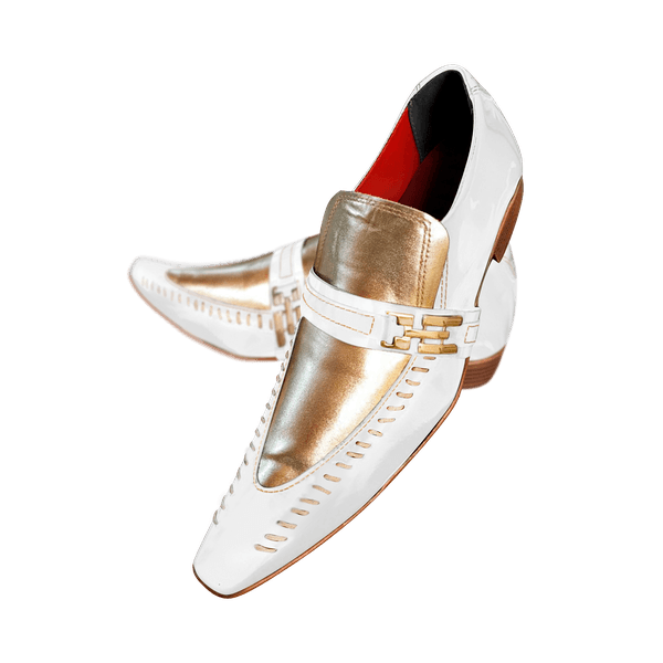 Sapato Masculino Italiano Em Couro Branco Com Dourado