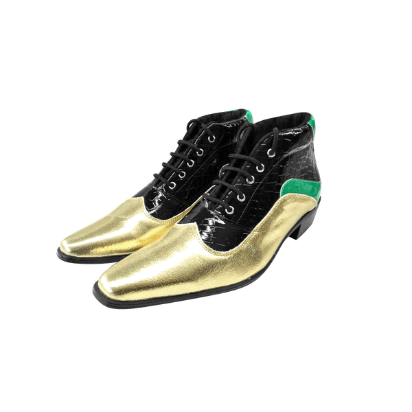 Bota Masculina Em Couro Dourado Com Preto e Verde