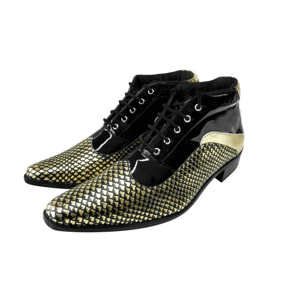 Bota Masculina Em Couro Dourado Escamado Com Preto