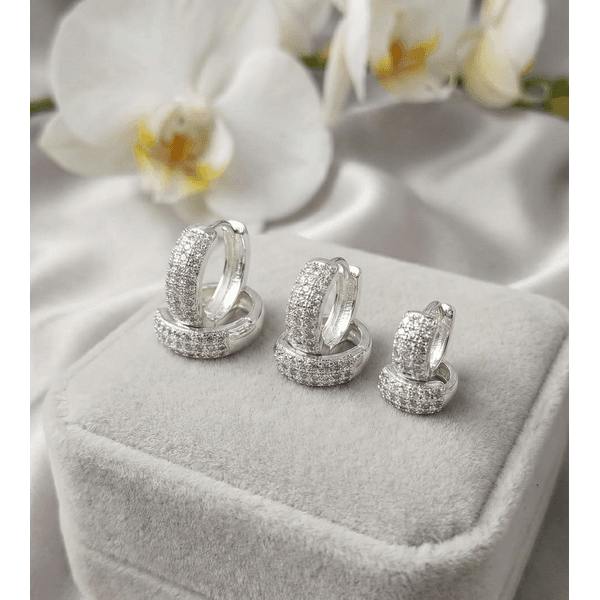 Trio Argola Redonda Cravejada Zirconias Banhada a Prata