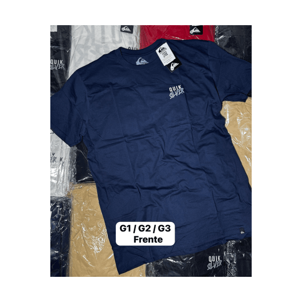 Camisa quiksilver escrita nas costas azul escura 