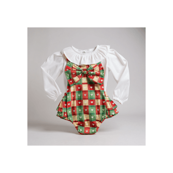 CONJUNTO ROMPER LAÇOS BLUSA -XADREZ CORAÇÃO