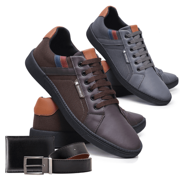 Combo 2 Pares de Sapatenis Vegas + Carteira e Cinto - Cinza e Café