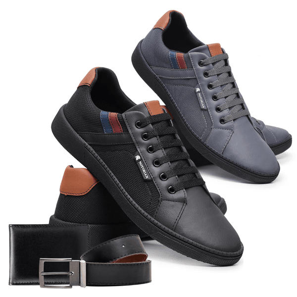 Combo 2 Pares de Sapatenis Vegas + Carteira e Cinto - Cinza e Preto