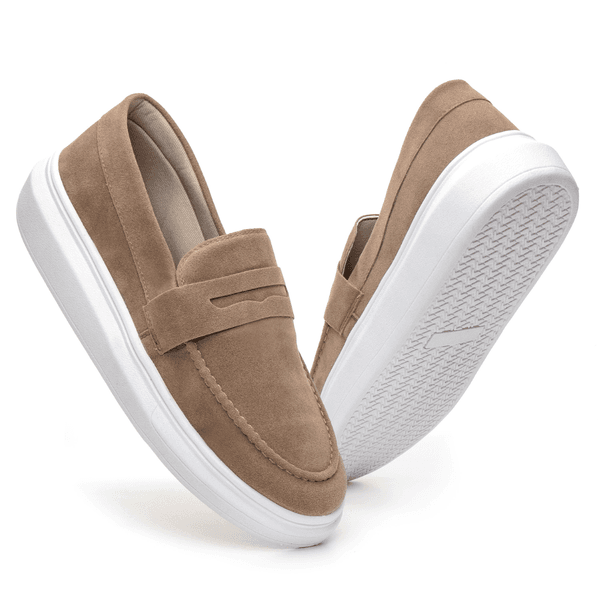 Mocassim Masculino Sola Alta Loafer Derby em Camurça Bege