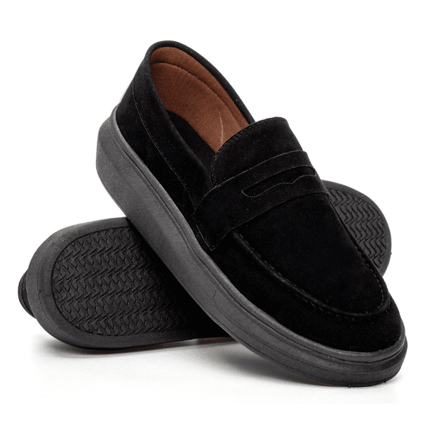 Mocassim Masculino Sola Alta Loafer Derby em Camurça Preto/Preto