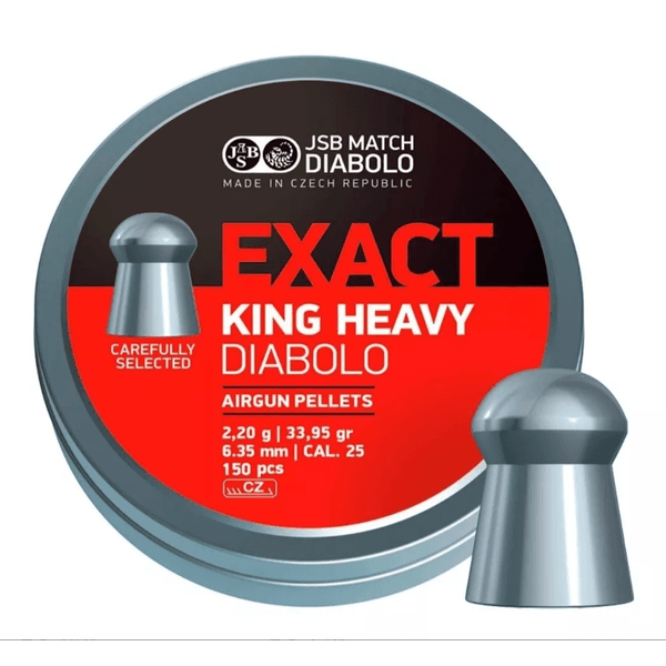 Chumbinhos JSB Exact King Heavy Diabolo 6,35mm Peso médio: 2,20g / 33,95 gr lata com 150 pçs