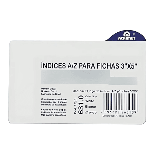 Índice para Fichário Acrimet 631 3x5 A/Z | Organização de Cartões e Fichas