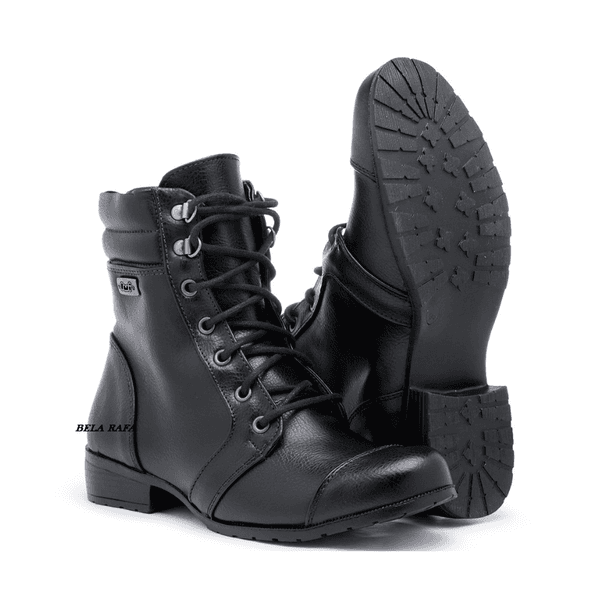 Coturno preto sintético Feminino Militar Motoqueiro Botinha