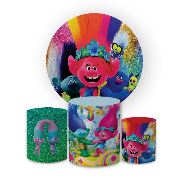 Kit Capa Painel Redondo + Cilindros Tema Trolls Bonequinhos Coloridos - 0050