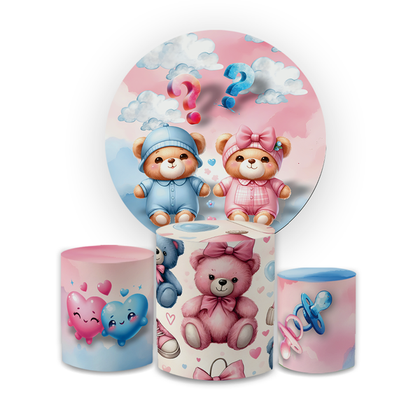 Kit Capas Painel + Trio Cilindros Ursinhos Chá Revelação Azul e Rosa 