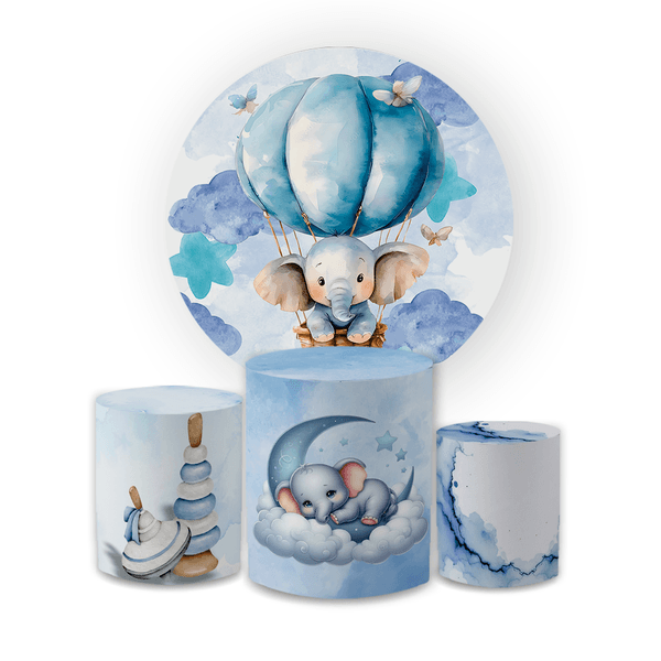 Kit Capas Painel + Trio Cilindros Tema Elefantinho Azul Chá de Bebê