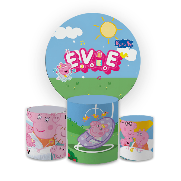 Kit Capa Painel + Trio Cilindros Peppa Pig Desenho Evie Festa Infantil