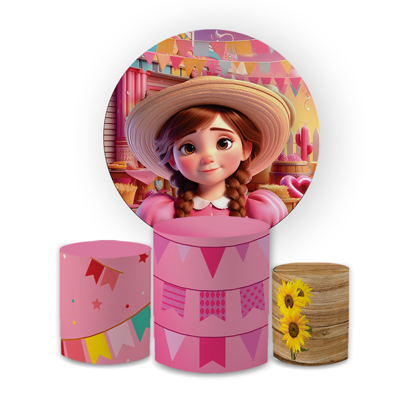 Kit Capa Painel Redondo + Trio Cilindros Tema Festa Junina Menina Arraiá Bandeirinhas