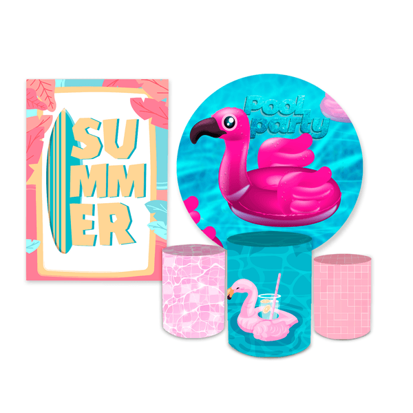 Kit Casadinho Capa Painel + Trio Capa Cilindros Tema Pool Party Rosa