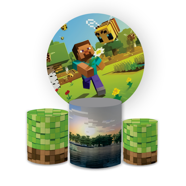 Kit Capa Painel Redondo + Trio Cilindros Decoração Aniversário Minecraft Desenho 