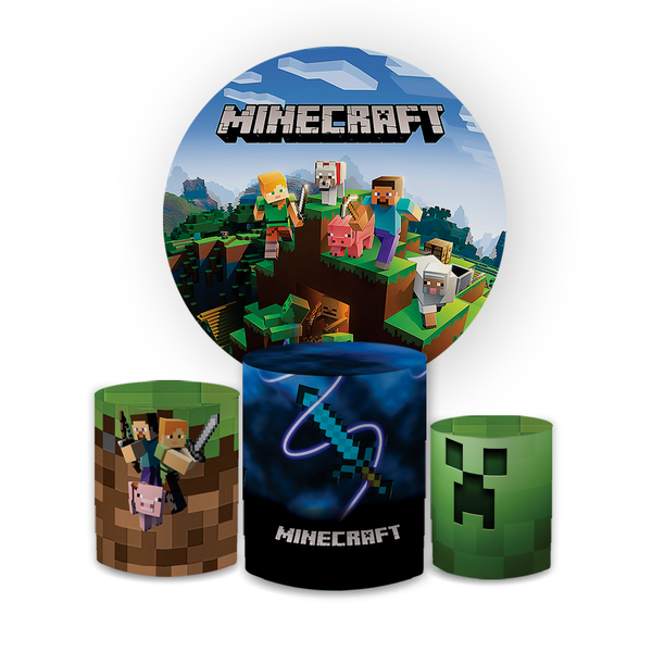 Kit Capa Painel Redondo + Trio Cilindros Decoração Aniversário Minecraft Desenho