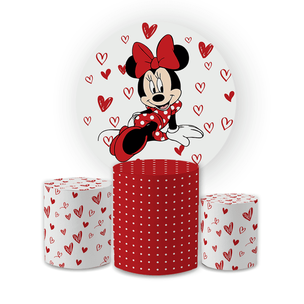 Kit Capa Painel Redondo + Trio Cilindros Decoração Aniversário Minnie Vermelha