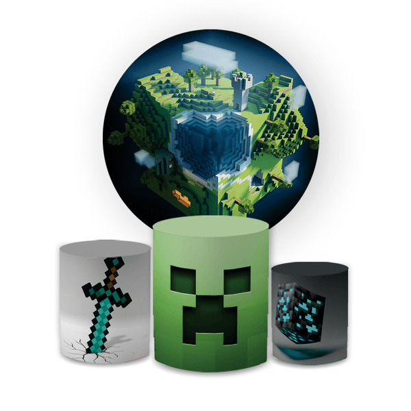 Kit Capa Painel Redondo + Trio Cilindros Decoração Aniversário Minecraft Desenho