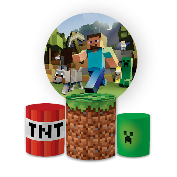 Kit Capa Painel Redondo + Trio Cilindros Decoração Aniversário Minecraft Desenho
