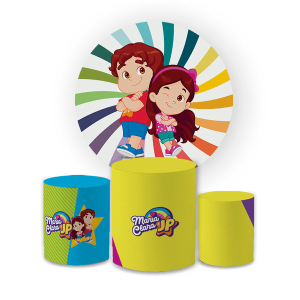 Kit Capa Painel Redondo + Trio Cilindros Decoração Aniversário Maria Clara e JP Desenho