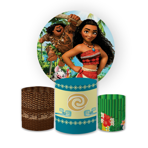 Kit Capa Painel Redondo + Trio Cilindros Decoração Aniversário Infantil Desenho Moana
