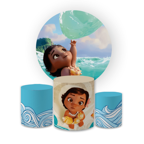 Kit Capa Painel Redondo + Trio Cilindros Decoração Aniversário Infantil Desenho Moana Baby