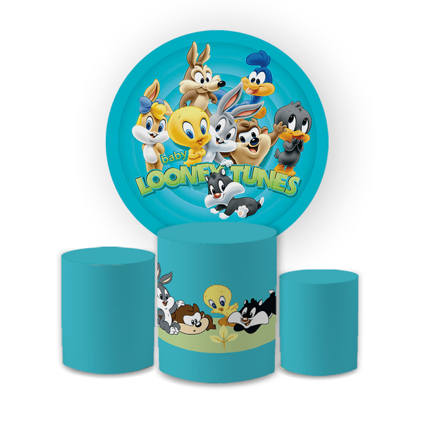 Kit Capa Painel Redondo + Trio Cilindros Decoração Aniversário Baby Looney Tunes Desenho