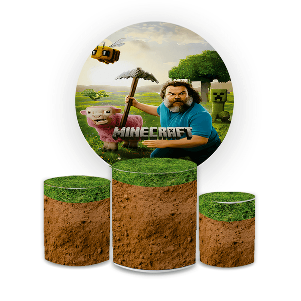 Kit Capa Painel Redondo + Trio Cilindros Decoração Aniversário Minecraft Desenho