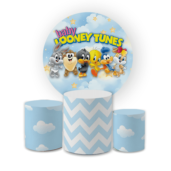 Kit Capa Painel Redondo + Trio Cilindros Decoração Aniversário Baby Looney Tunes Desenho