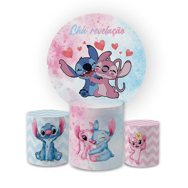 Kit Capa Painel Redondo + Trio Cilindros Decoração Aniversário Lilo & Stitch Desenho