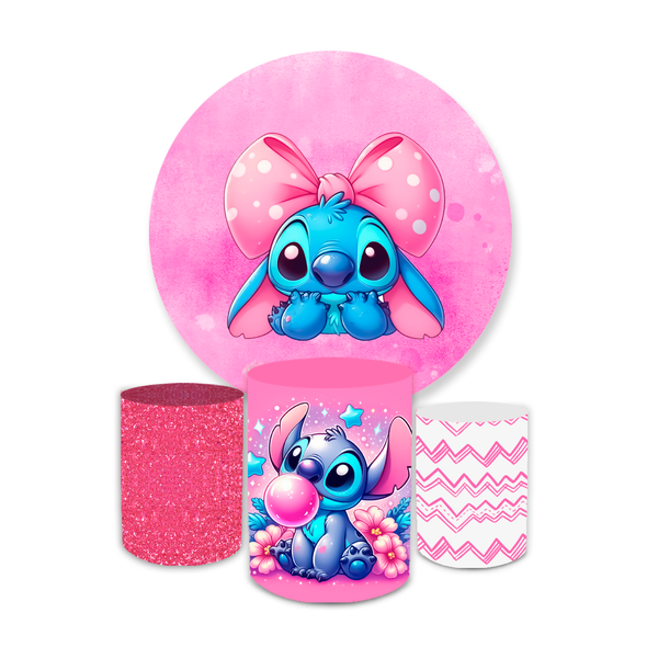 Kit Capa Painel Redondo + Trio Cilindros Decoração Aniversário Lilo & Stitch Desenho