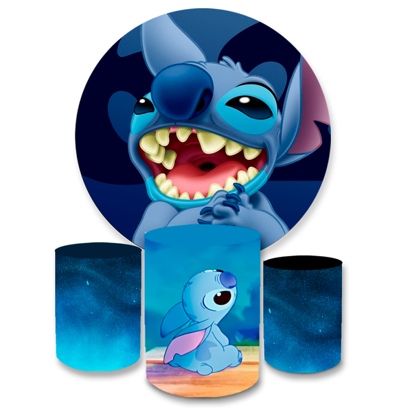 Kit Capa Painel Redondo + Trio Cilindros Decoração Aniversário Lilo & Stitch Desenho