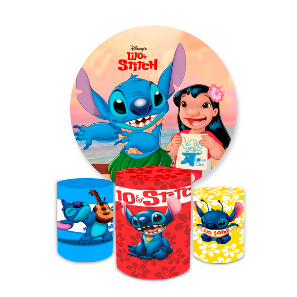 Kit Capa Painel Redondo + Trio Cilindros Decoração Aniversário Lilo & Stitch Desenho