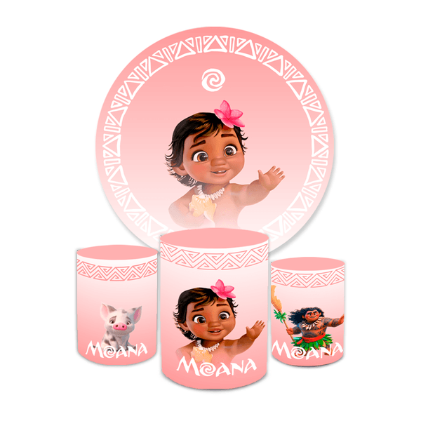Kit Capa Painel Redondo + Trio Cilindros Decoração Aniversário Infantil Desenho Moana Baby