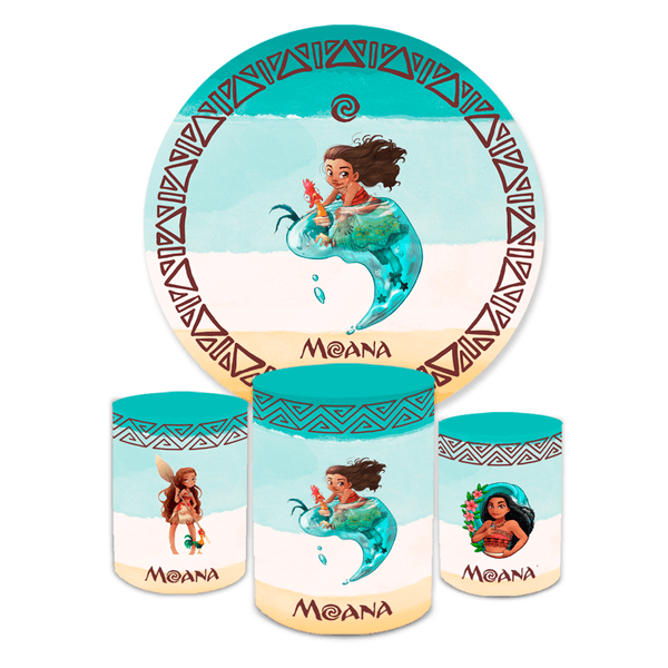 Kit Capa Painel Redondo + Trio Cilindros Decoração Aniversário Infantil Desenho Moana Baby