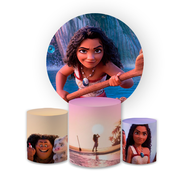 Kit Capa Painel Redondo + Trio Cilindros Decoração Aniversário Infantil Desenho Moana