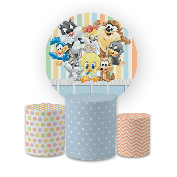 Kit Capa Painel Redondo + Trio Cilindros Decoração Aniversário Baby Looney Tunes Desenho