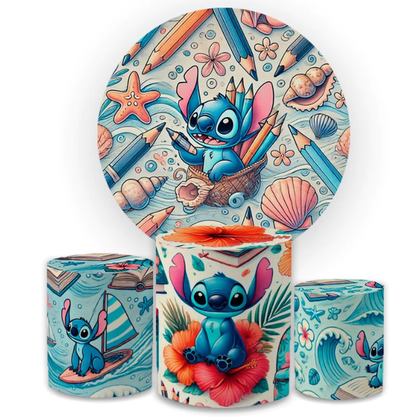 Kit Capa Painel Redondo + Trio Cilindros Decoração Aniversário Lilo & Stitch Desenho