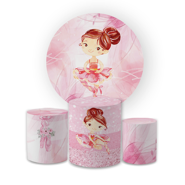 Kit Capa Painel Redondo + Trio Cilindros Decoração Aniversário Festa Infantil Bailarina Rosa 