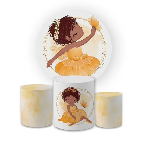Kit Capa Painel Redondo + Trio Cilindros Decoração Aniversário Festa Infantil Bailarina Amarelo 