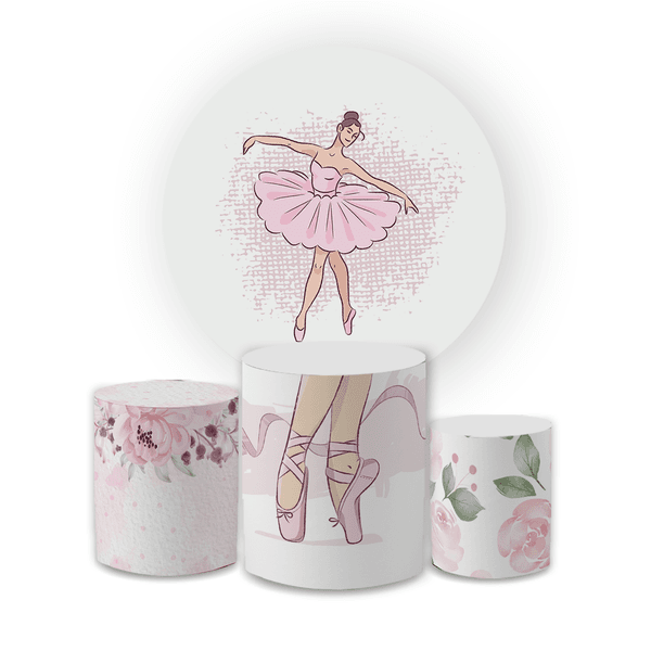 Kit Capa Painel Redondo + Trio Cilindros Decoração Aniversário Festa Infantil Bailarina Rosa 