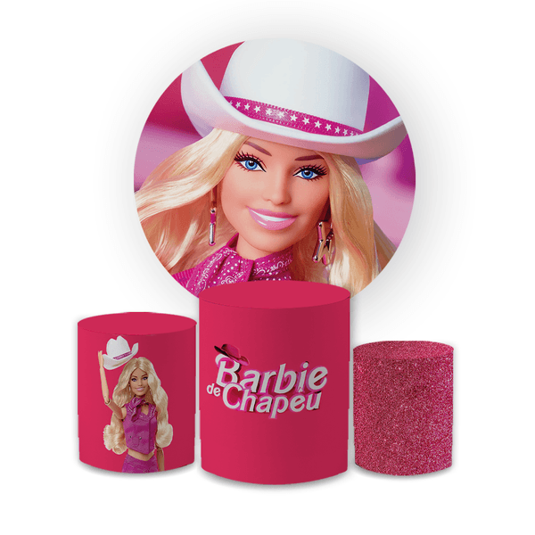 Kit Capa Painel Redondo + Trio Cilindros Decoração Aniversário Festa Infantil Barbie de Chapéu Boiadeira